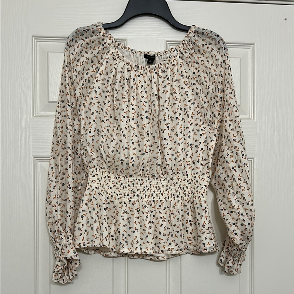 Ann Taylor Cream Smocked Peplum Blouse